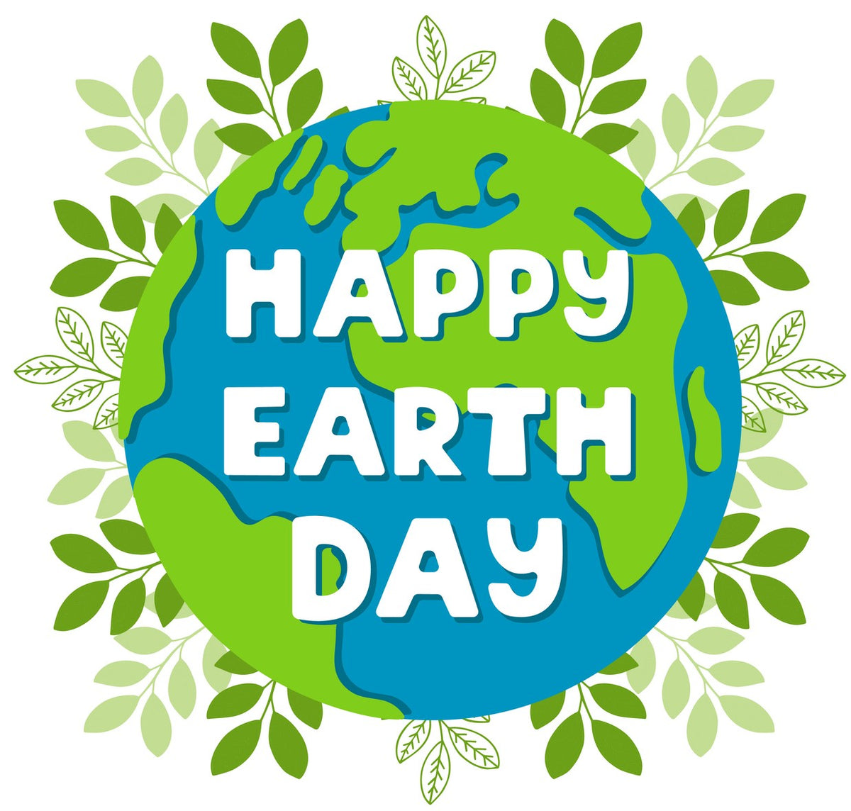 Happy Earth Day bright colorful illustration with lettering and plants on white background.